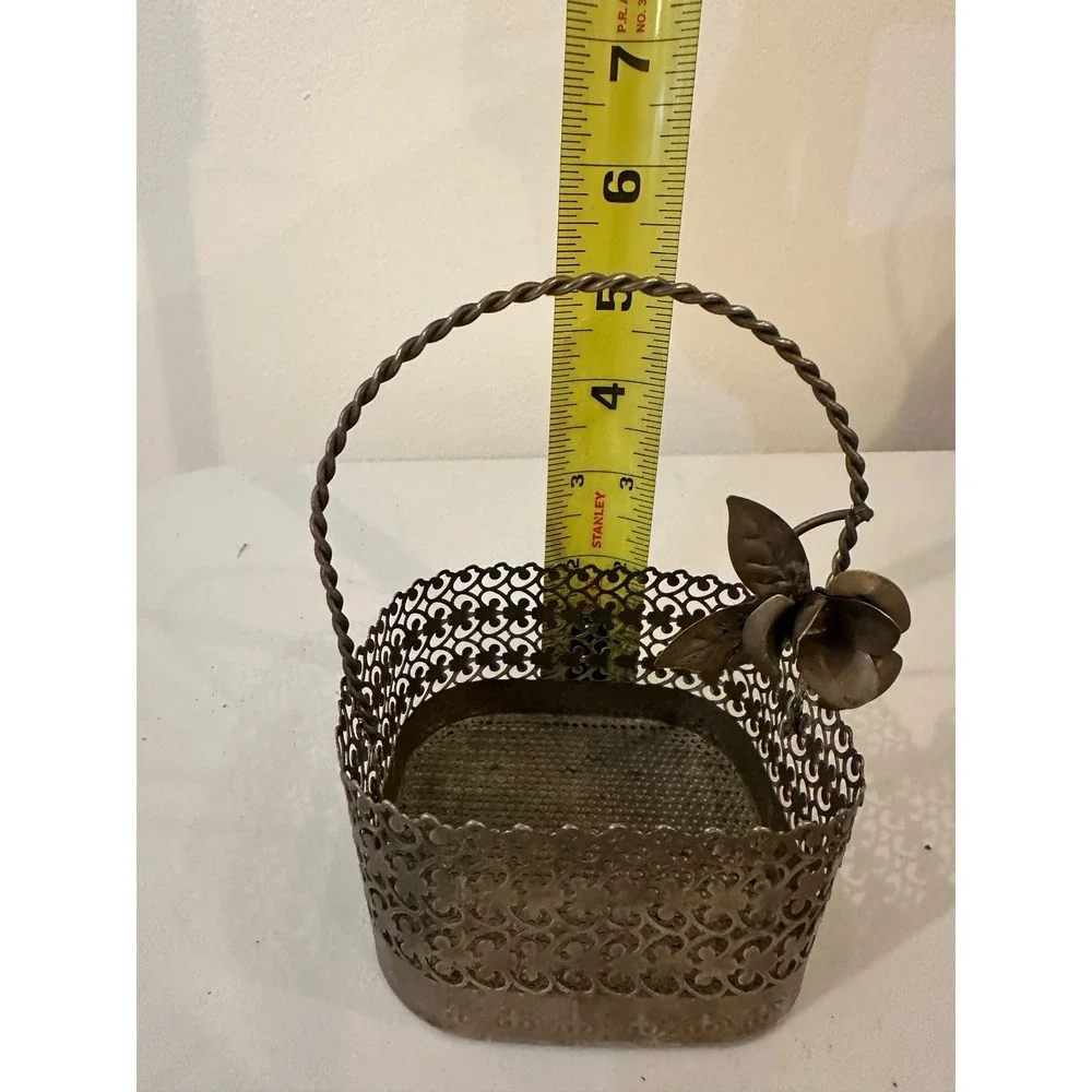 Vintage Metal Filigree Basket Floral Accent Twisted Handle Bronze Tone 4x4